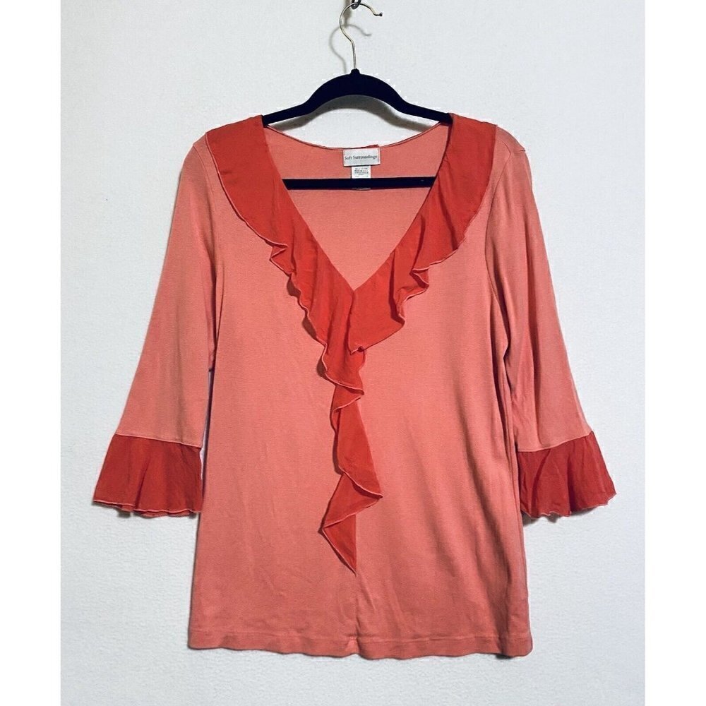 Soft Surroundings Barbara Ruffle Top Womens Medium Coral Orange Cottagecore